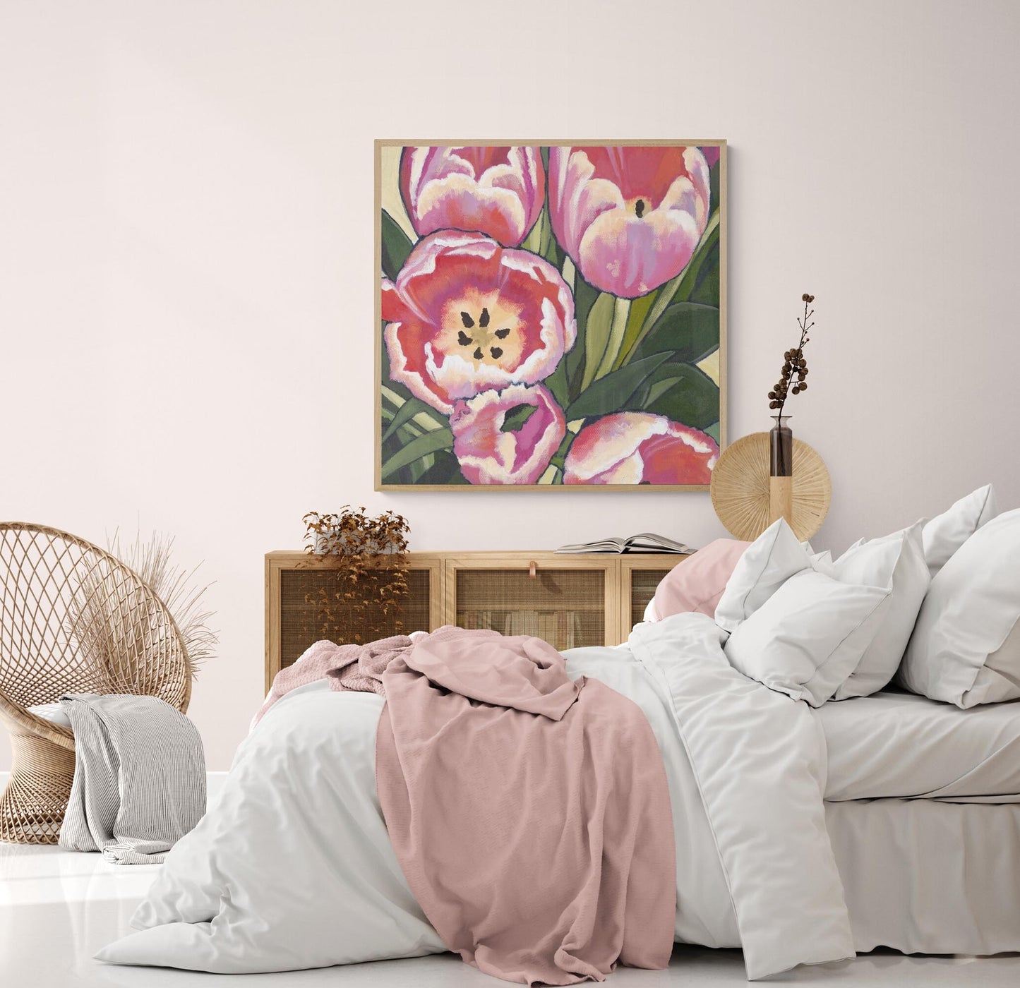 Fine Art Canvas Print - 24x24 30x30 36x36 40x40 42x42 44x44 48x48 inches | Pink Tulips in Acrylic, CPS-1080