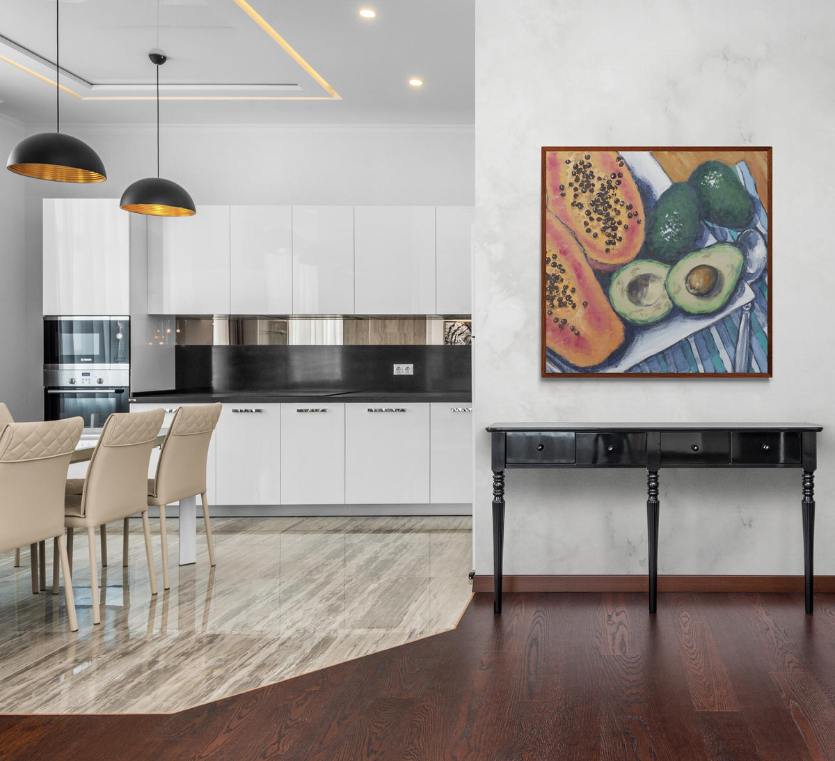 Papaya & Avocados Fine Art Canvas Print | Styled in Luxury Modern Kitchen with Gloss White Cabinetry, Black Dome Pendants and Antique Black Console