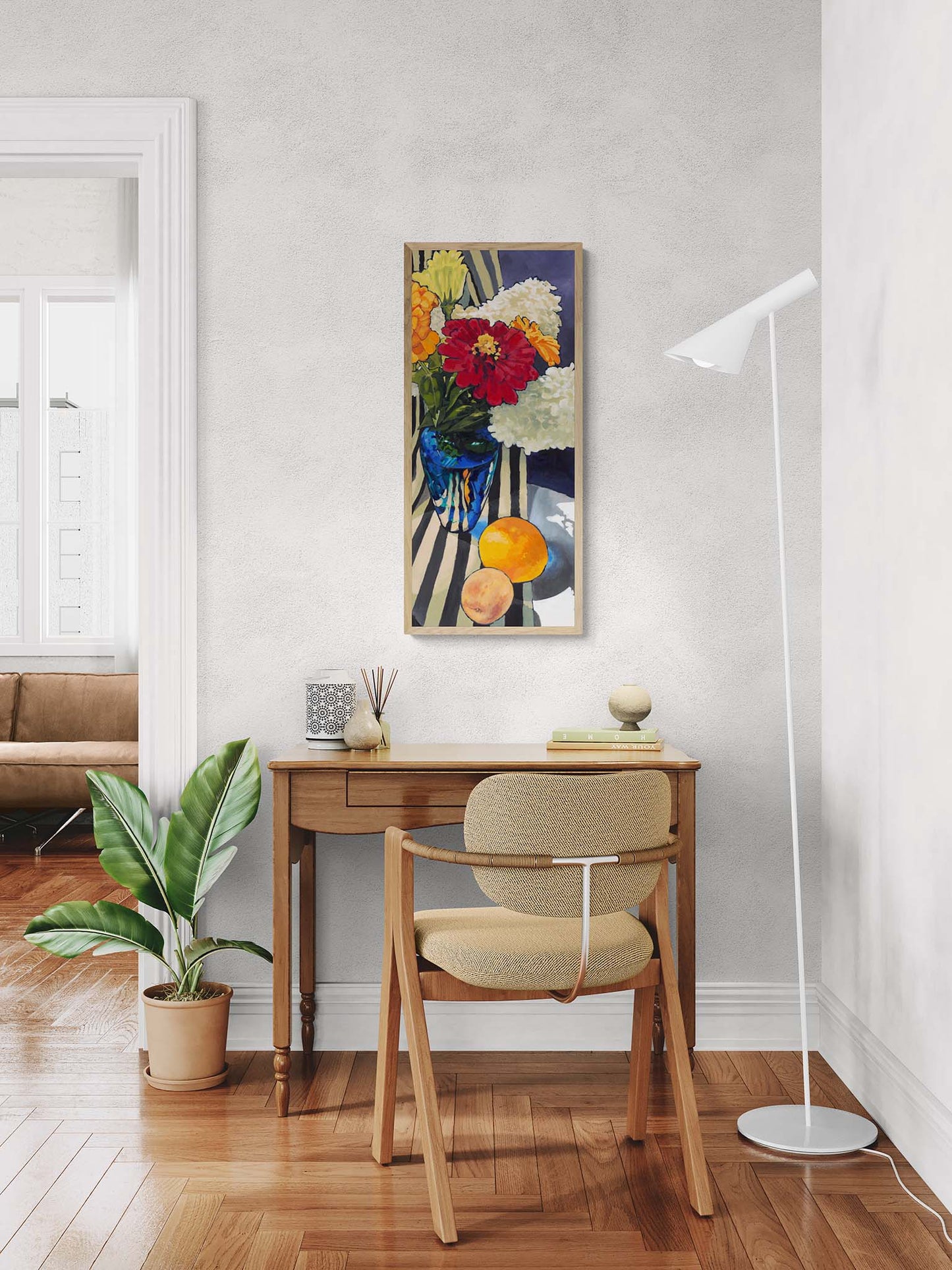 Fine Art Canvas Print - 12x28 16x37 20x47 24x56 inches | Hydrangeas & Zinnias in Acrylic, CPT-1030-001