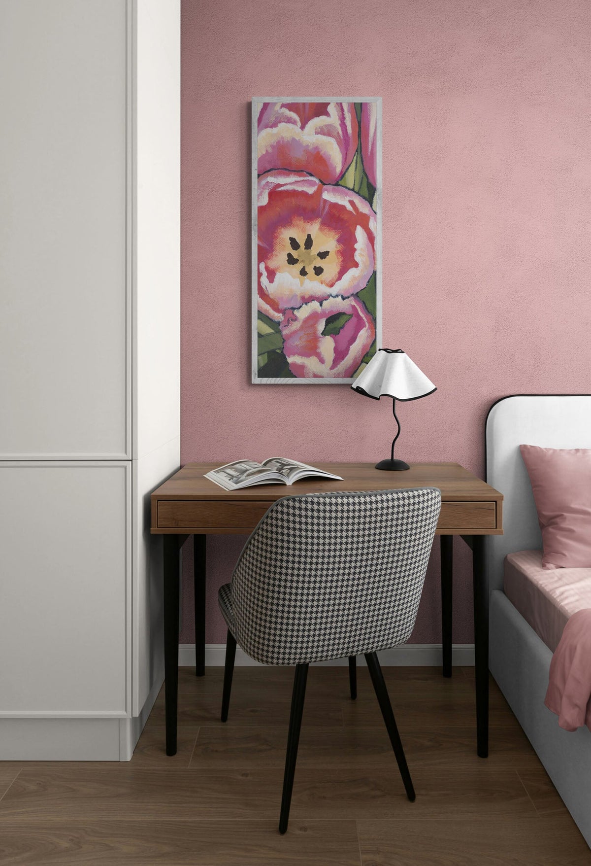 Pink Tulips Fine Art Canvas Print | Styled in Chic Parisian Bedroom Nook with Rose Pink Plaster Wall, Walnut Writing Desk and Houndstooth Accent Chair