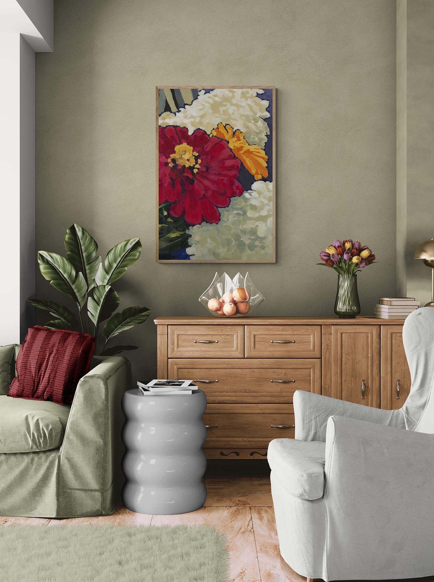 Fine Art Canvas Print - 20x30 24x36 30x45 36x54 inches | Hydrangeas & Zinnias in Acrylic, CPV-1030-002