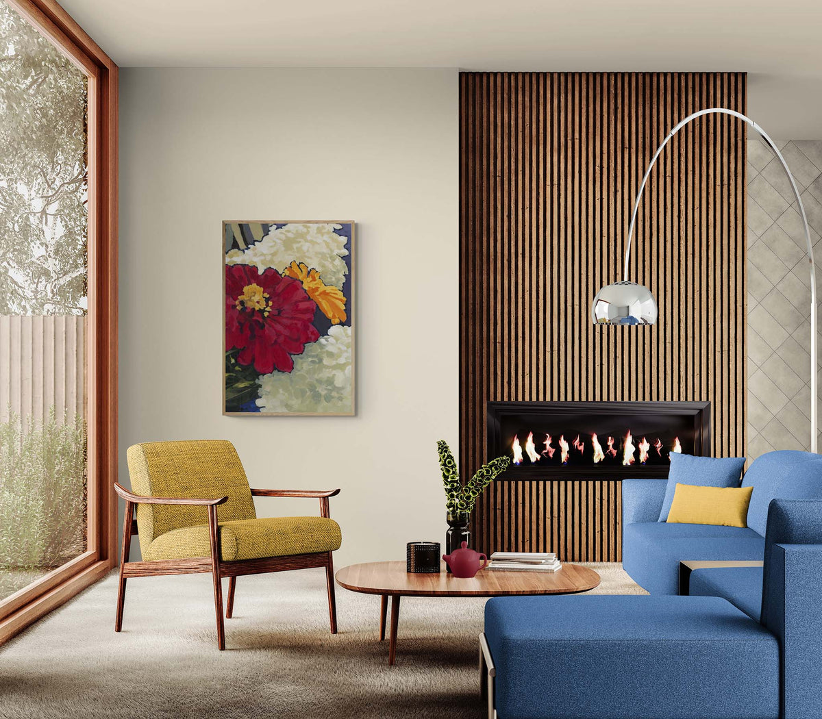 Hydrangeas & Zinnias Fine Art Canvas Print | Styled in Bold Mid-Century Modern Living Room with Mustard Bouclé Armchair, Cobalt Blue Sofa and Walnut Slat Fireplace Wall