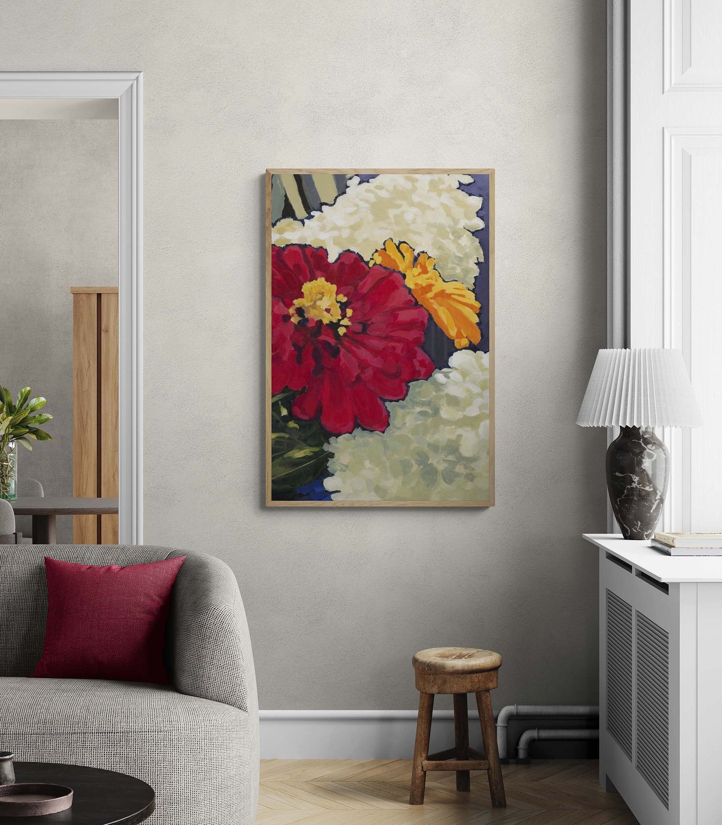 Fine Art Canvas Print - 20x30 24x36 30x45 36x54 inches | Hydrangeas & Zinnias in Acrylic, CPV-1030-002