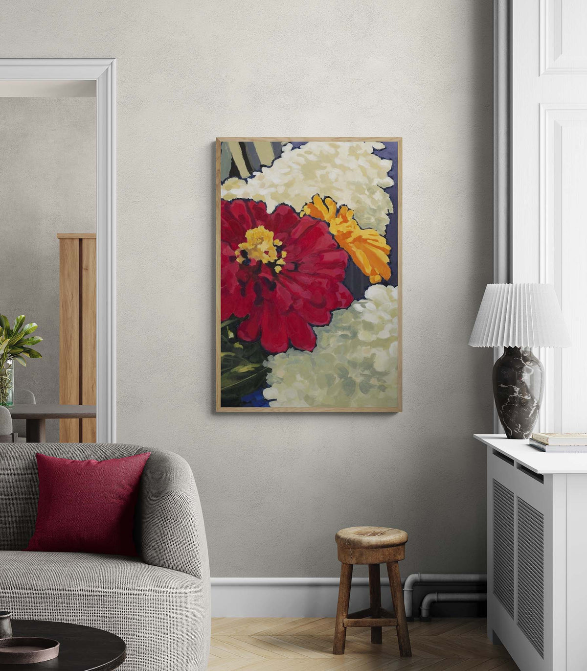 Hydrangeas & Zinnias Fine Art Canvas Print | Styled in Classic European Sitting Room with Grey Tweed Armchair, Rustic Wood Stool and Marble Table Lamp