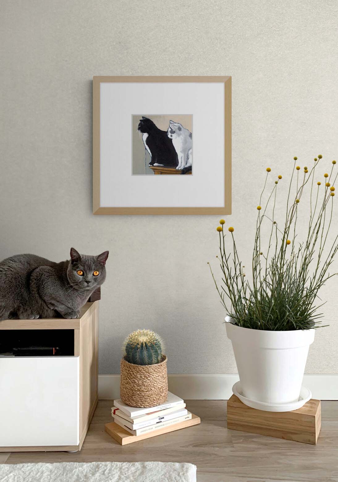 Black Cat White Cat #2122 Framed Fine Art Print - Black & White Cats Design, Square Layout with Faux Mat Board