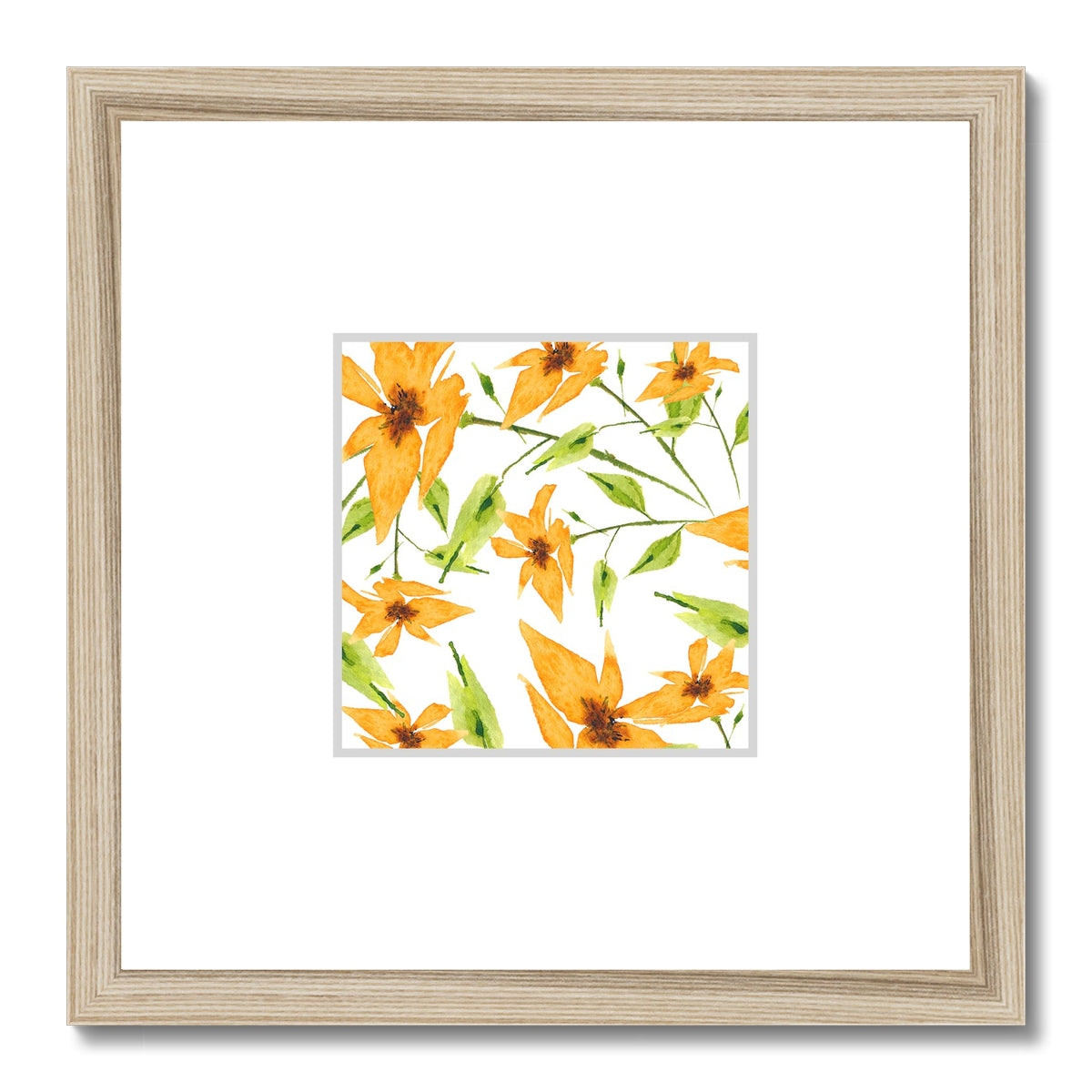 Framed Fine Art Print, Faux Mat - 12x12 inches | Yellow-Orange Floral Watercolor, fms-1390-003