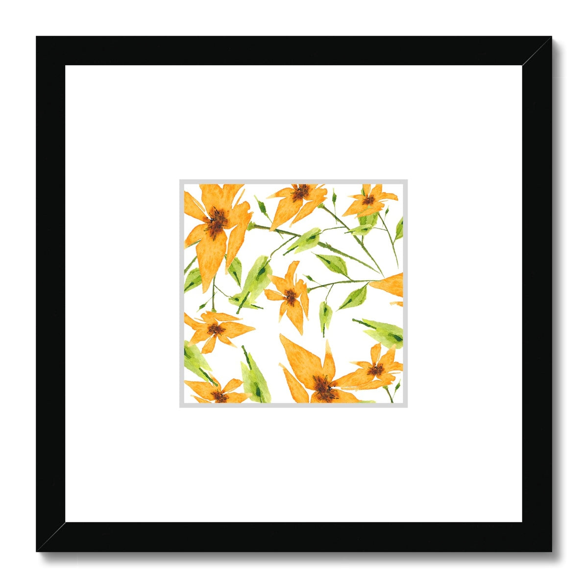 Framed Fine Art Print, Faux Mat - 12x12 inches | Yellow-Orange Floral Watercolor, fms-1390-003