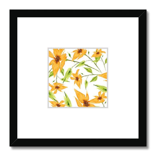 Framed Fine Art Print, Faux Mat - 12x12 inches | Yellow-Orange Floral Watercolor, fms-1390-003