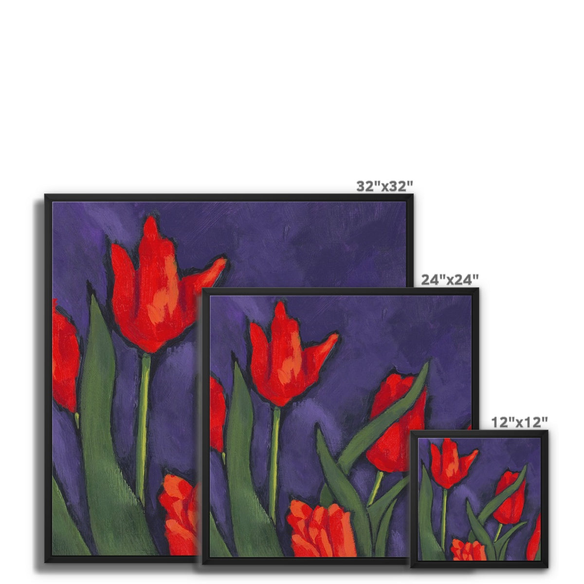 Framed Fine Art Canvas Print - 10x8 12x12 16x16 20x16 20x20 24x24 28x28 32x32 40x28 inches | Red Tulips in Acrylic, FCV-1111-1142-MW
