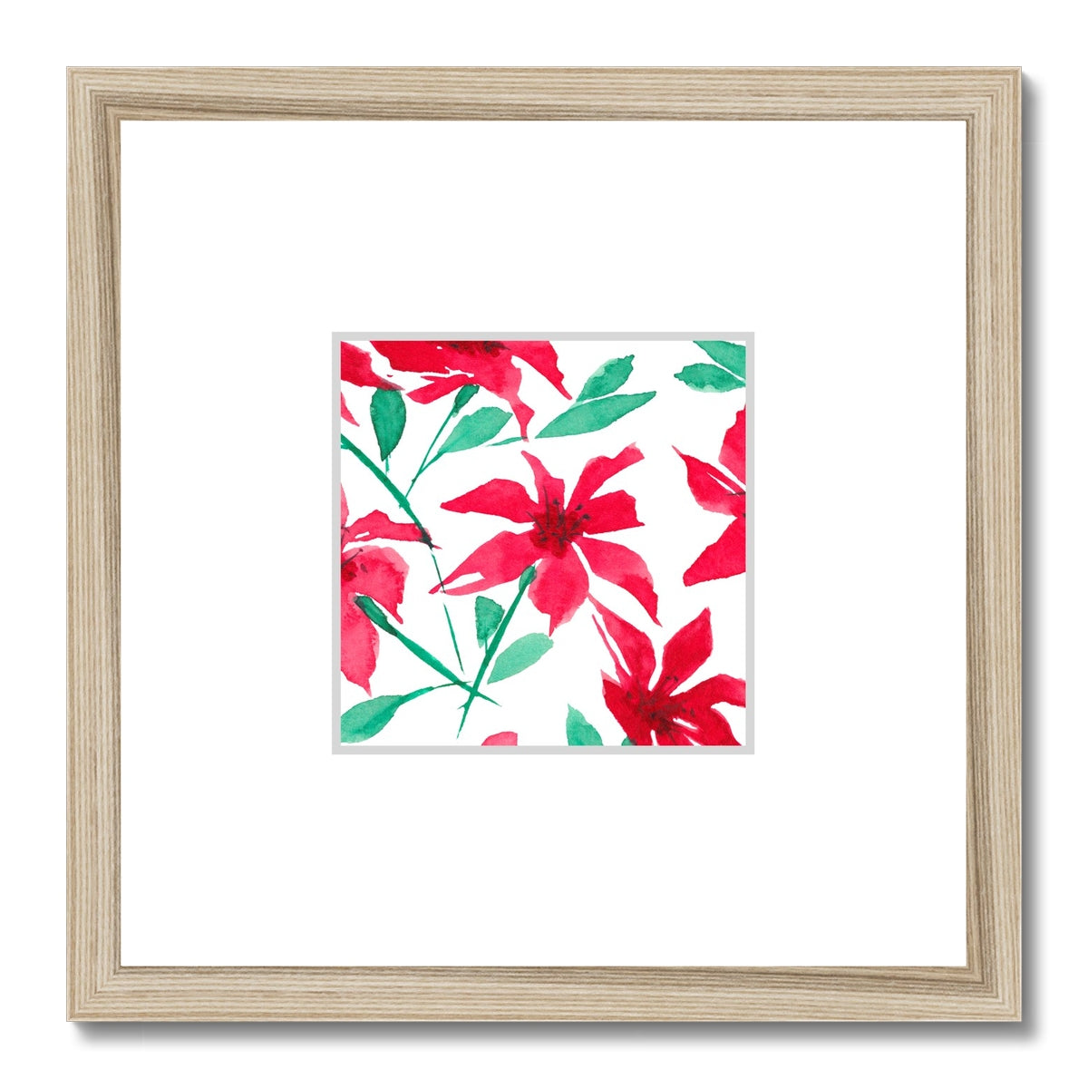 Framed Fine Art Print, Faux Mat - 12x12 inches | Red Floral Watercolor, fms-1330-002