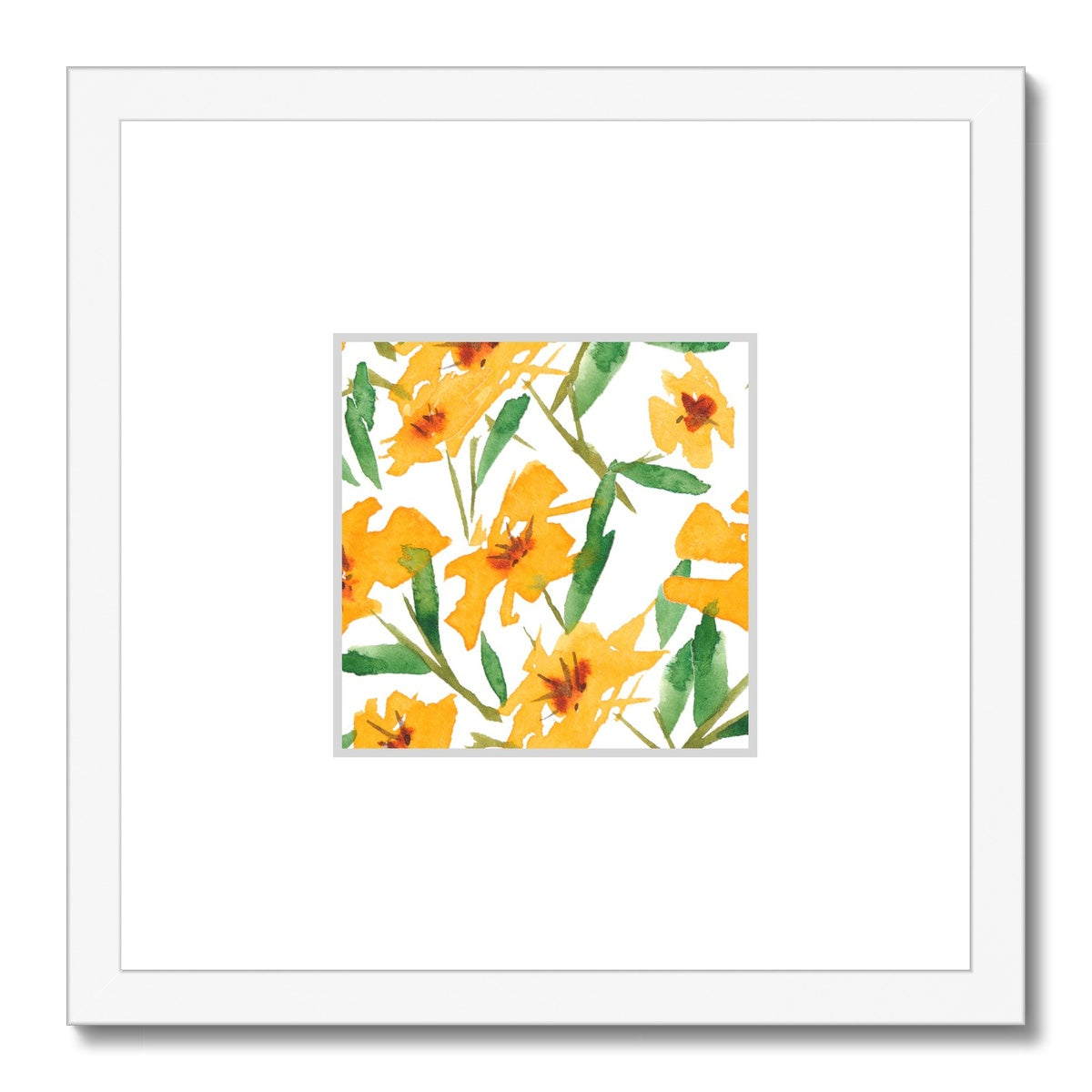Framed Fine Art Print, Faux Mat - 12x12 inches | Yellow-Orange Floral Watercolor, fms-1310-003