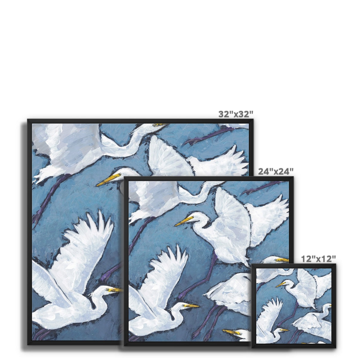 Framed Fine Art Canvas Print - 12x12 16x16 20x20 24x24 28x28 32x32 inches | White Herons in Acrylic, FCS-1020-001-MW