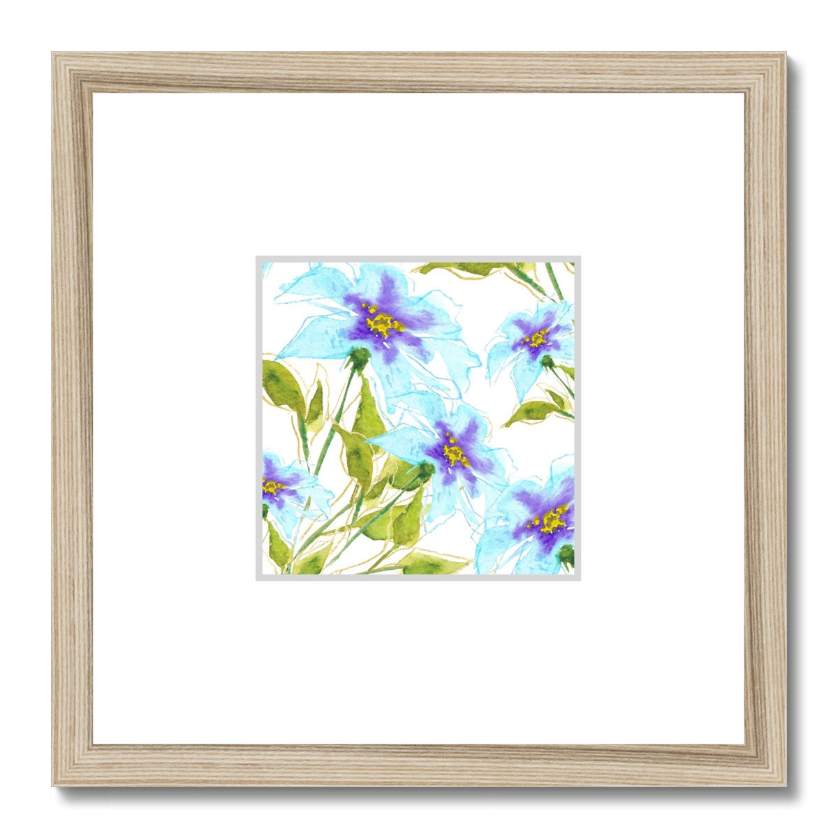 Framed Fine Art Print, Faux Mat - 12x12 inches | Blue Floral Watercolor, fms-1370-001