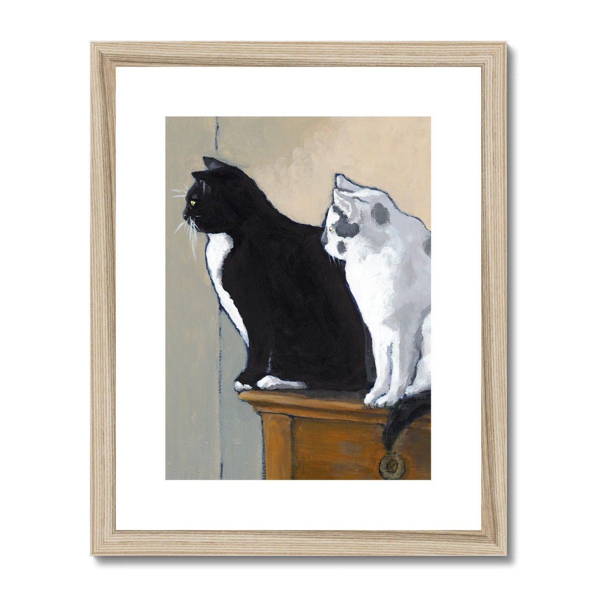 Framed & Mounted Fine Art Print, White Mat - 11x14 inches | Black Cat White Cat in Acrylic, FPV-1000-1122