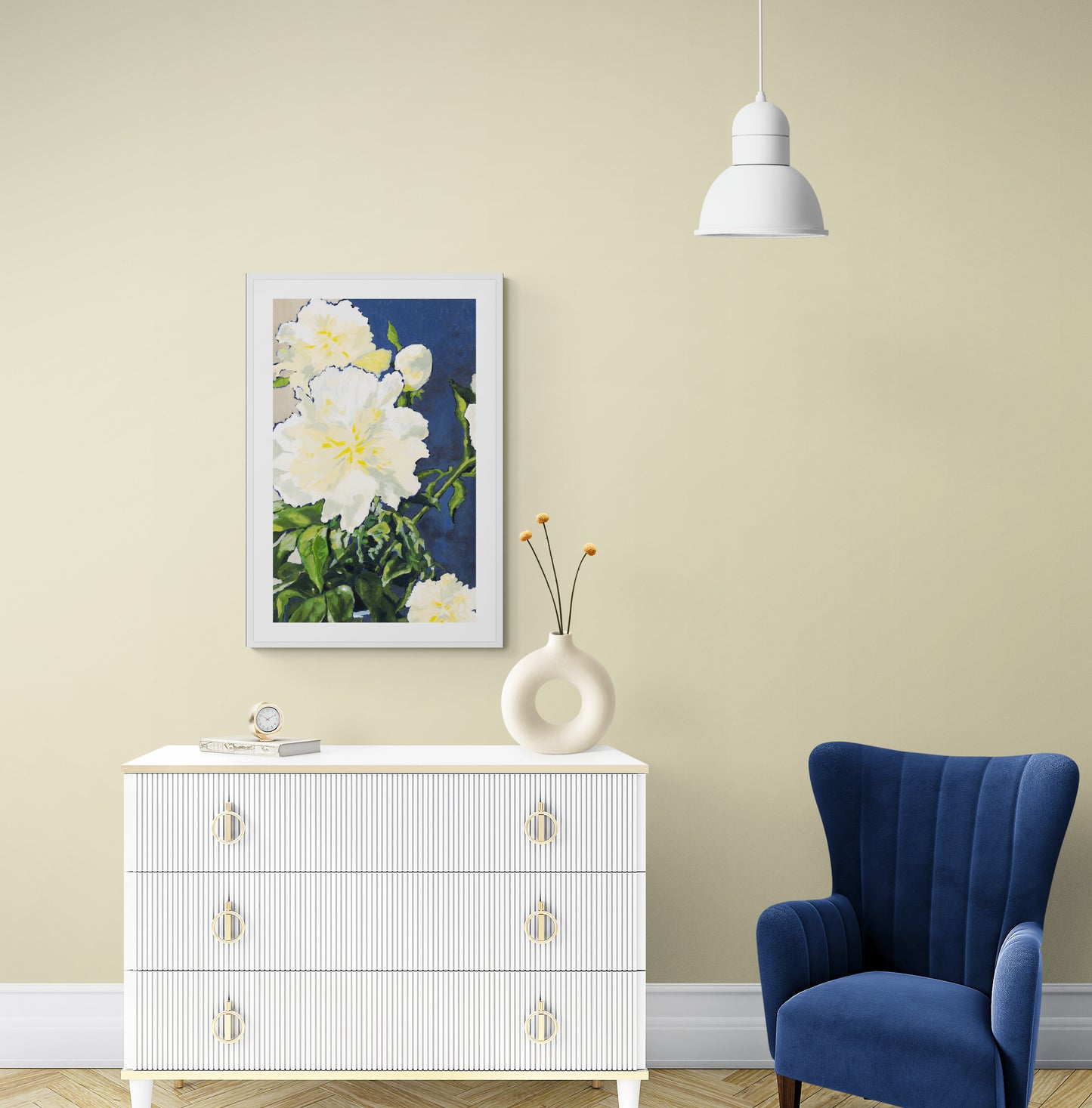 Framed Fine Art Print, White Mat - 6x8 8x12 12x16 12x18 20x28 24x36 28x40 inches | White Peonies in Acrylic, FPV-1050