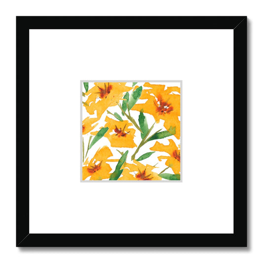 Framed Fine Art Print, Faux Mat - 12x12 inches | Yellow-Orange Floral Watercolor, fms-1310-002