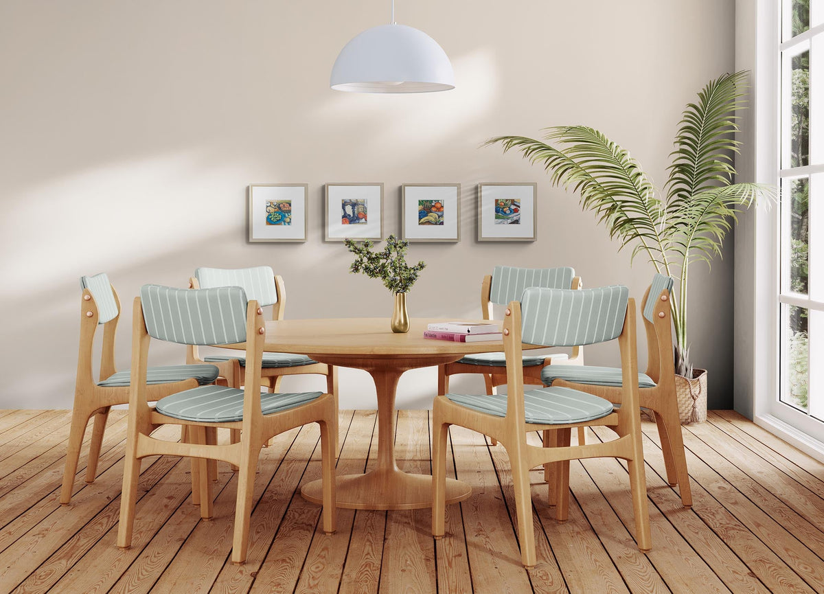 Four Fine Art Still Life Prints with Faux Mat Board | Styled in Bright Scandinavian Dining Room with Oak Tulip Pedestal Table, Duck Egg Blue Striped Chairs and White Dome Pendant Light