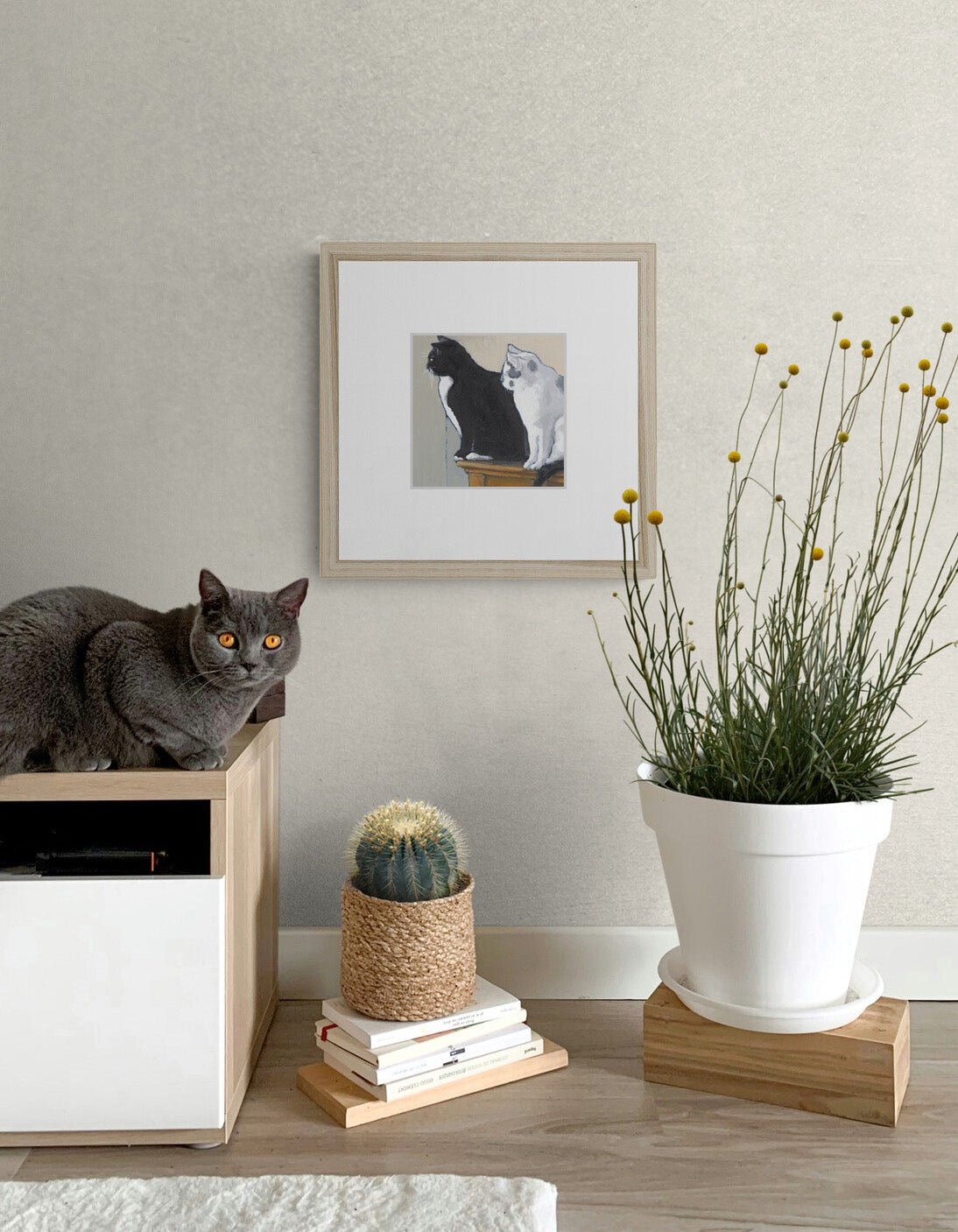 Framed Fine Art Print, Faux Mat - 12x12 inches | Black Cat White Cat in Acrylic, FMS-1000-1122