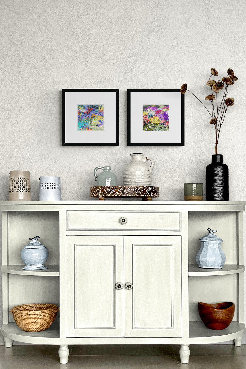 Two Floral Garden Fine Art Prints with Faux Mat Board | Styled in Collected Cottage Sideboard Vignette with Cream Painted Hutch, Artisan Ceramic Vessels and Dried Cotton Pod Stems