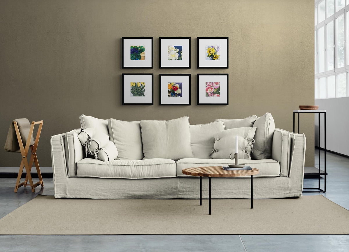 Six Framed Fine Art Prints with Faux Mat Board | Styled in Relaxed Coastal Living Room with Oversized Cream Linen Sofa, Taupe Plaster Wall and Concrete Tile Floor