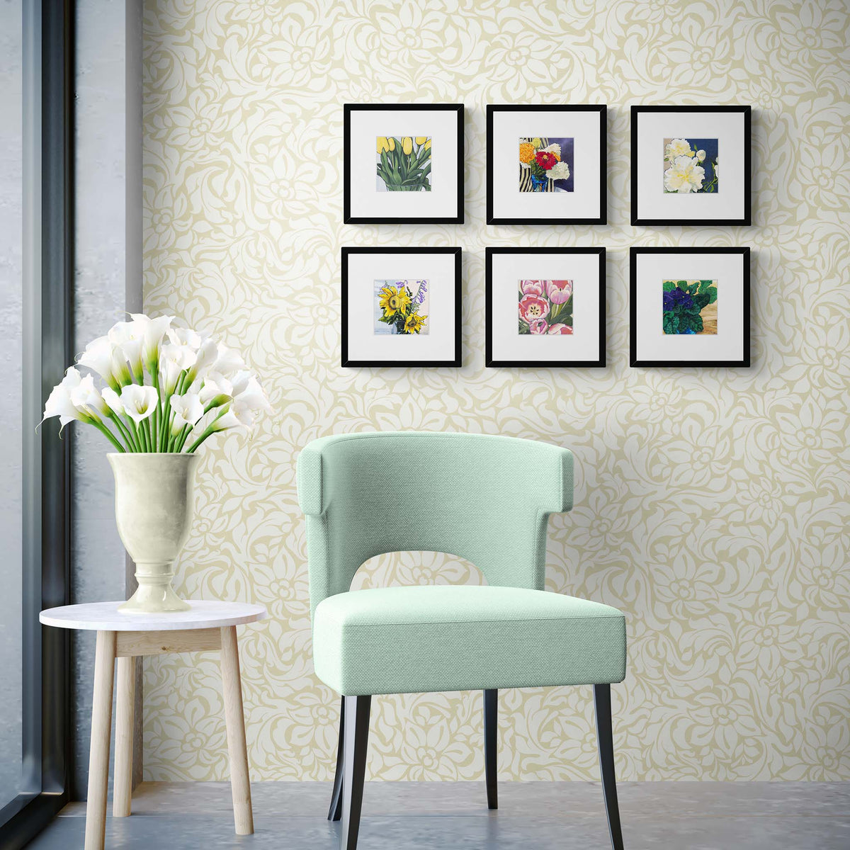 Six Framed Fine Art Prints with Faux Mat Board | Styled in Fresh Romantic Bedroom Nook with Mint Bouclé Accent Chair, White Urn Vase of Calla Lilies and Cream Damask Wallpaper