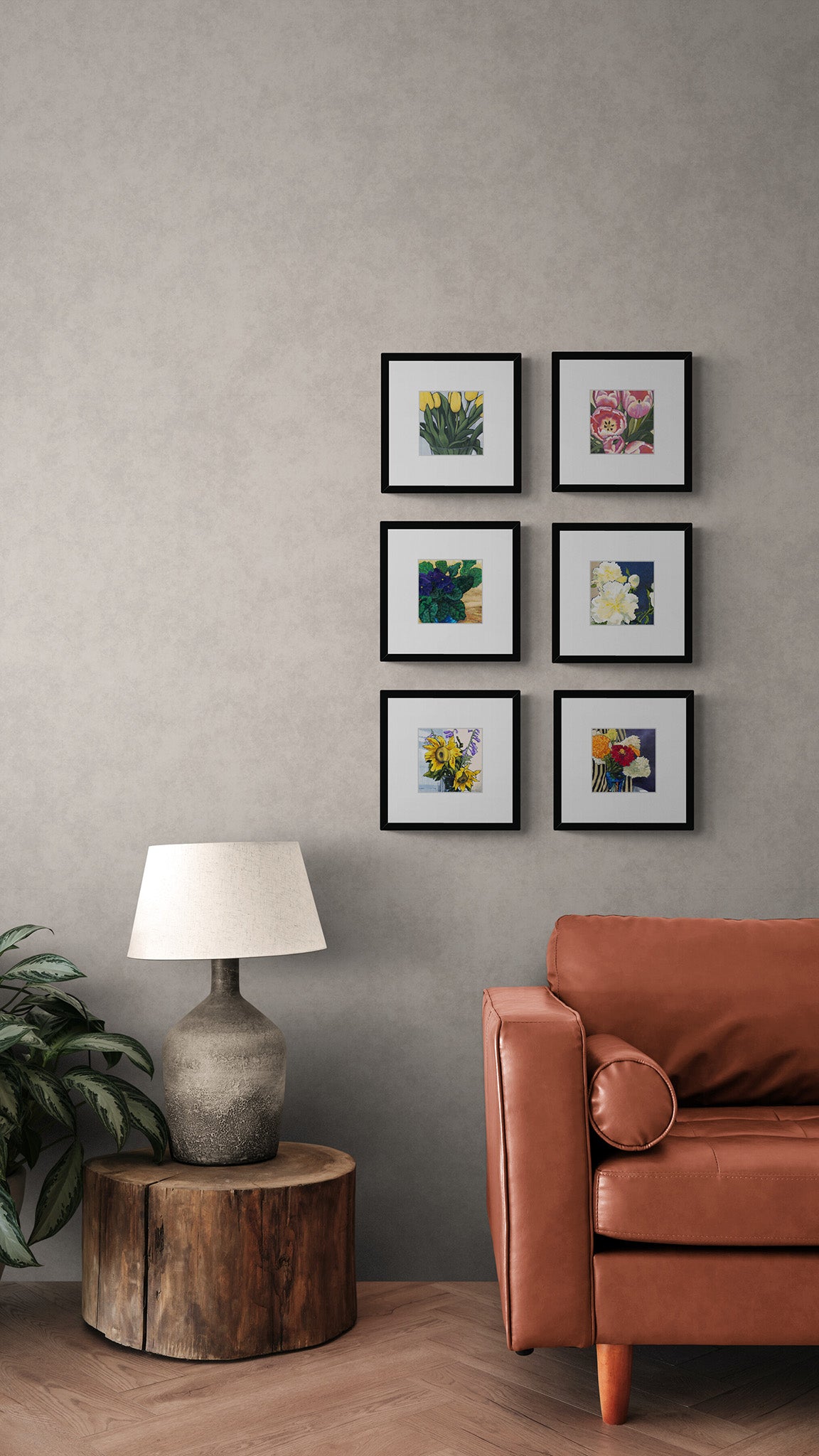 Six Framed Fine Art Prints with Faux Mat Board | Styled in Warm Industrial Living Room with Cognac Leather Armchair, Live-Edge Wood Stump Side Table and Grey Concrete Plaster Wall