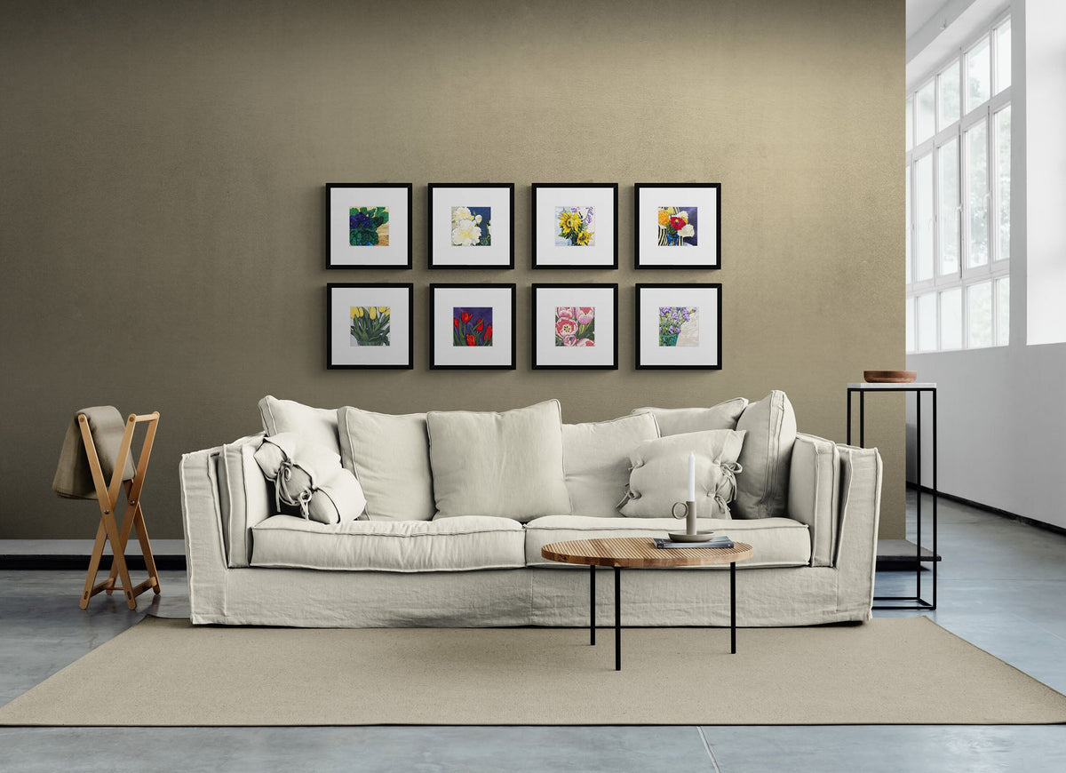 Eight Framed Fine Art Prints with Faux Mat Board | Styled in Relaxed Coastal Living Room with Oversized Cream Linen Sofa, Taupe Plaster Wall and Concrete Tile Floor