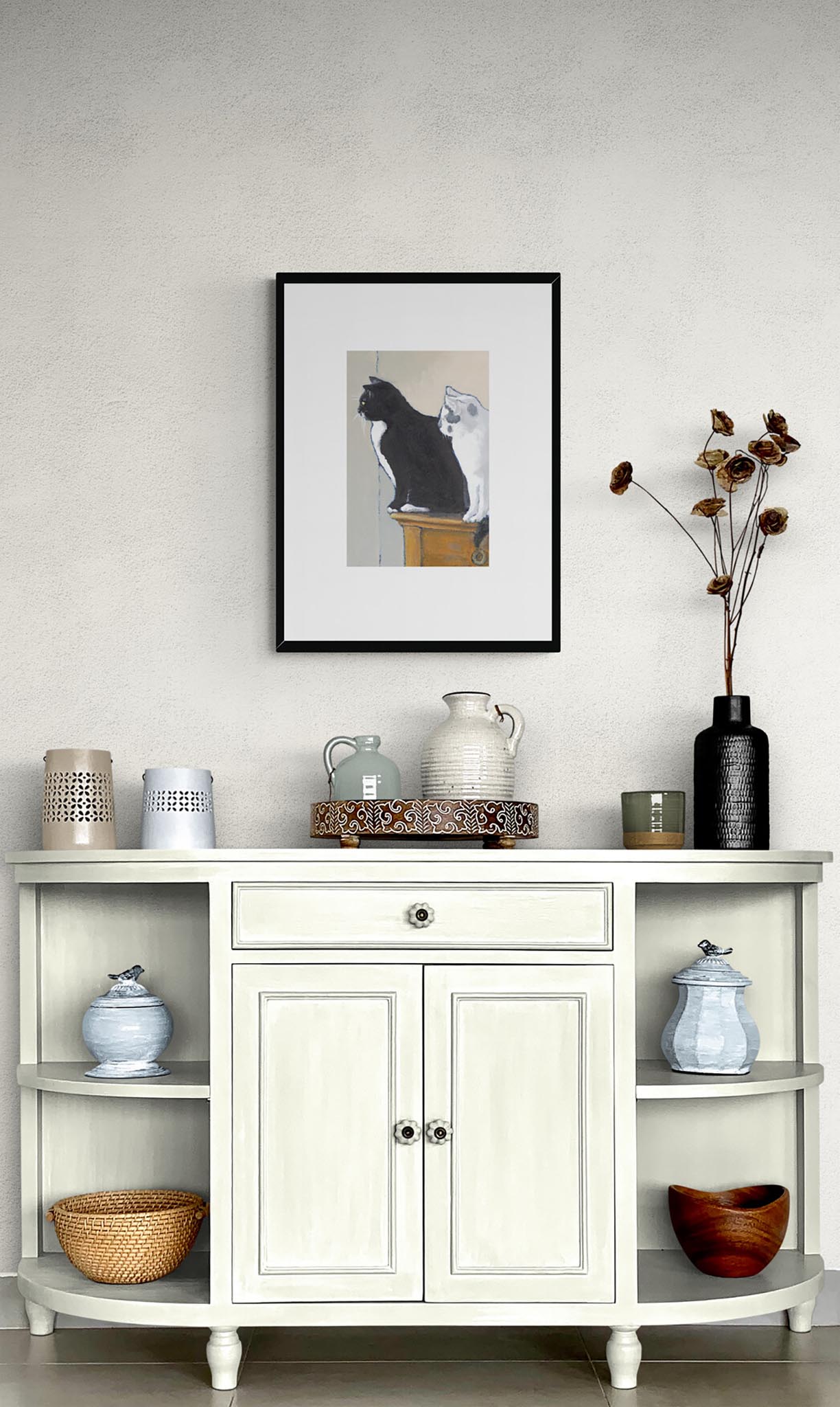 Framed Fine Art Print, Faux Mat - 18x24 inches | Black Cat White Cat in Acrylic, FMV-1000-1122