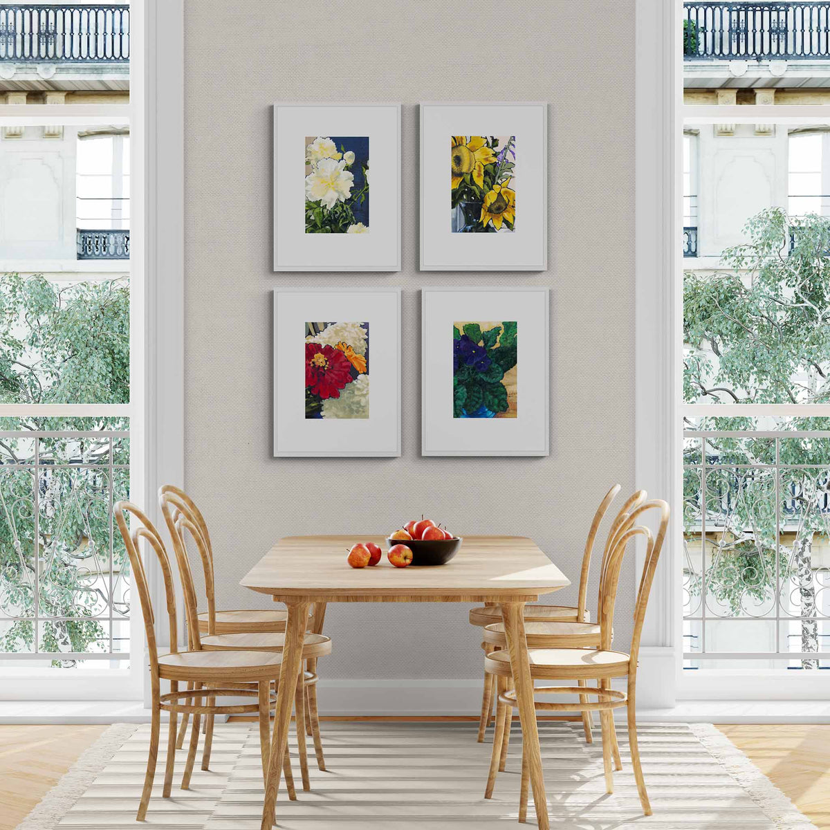 Four Floral Fine Art Prints with Faux Mat Board | Styled in Elegant Parisian Dining Room with Blonde Bentwood Chairs, Oak Oval Table and Wrought Iron Juliet Balcony