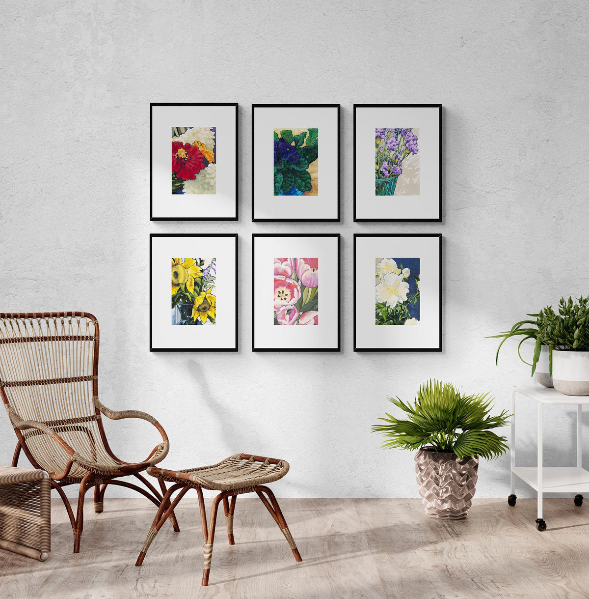 Six Floral Fine Art Prints with Faux Mat Board | Styled in Relaxed Bohemian Living Room with Rattan Wingback Chair and Footstool, Whitewashed Brick Wall and Tropical Potted Palms