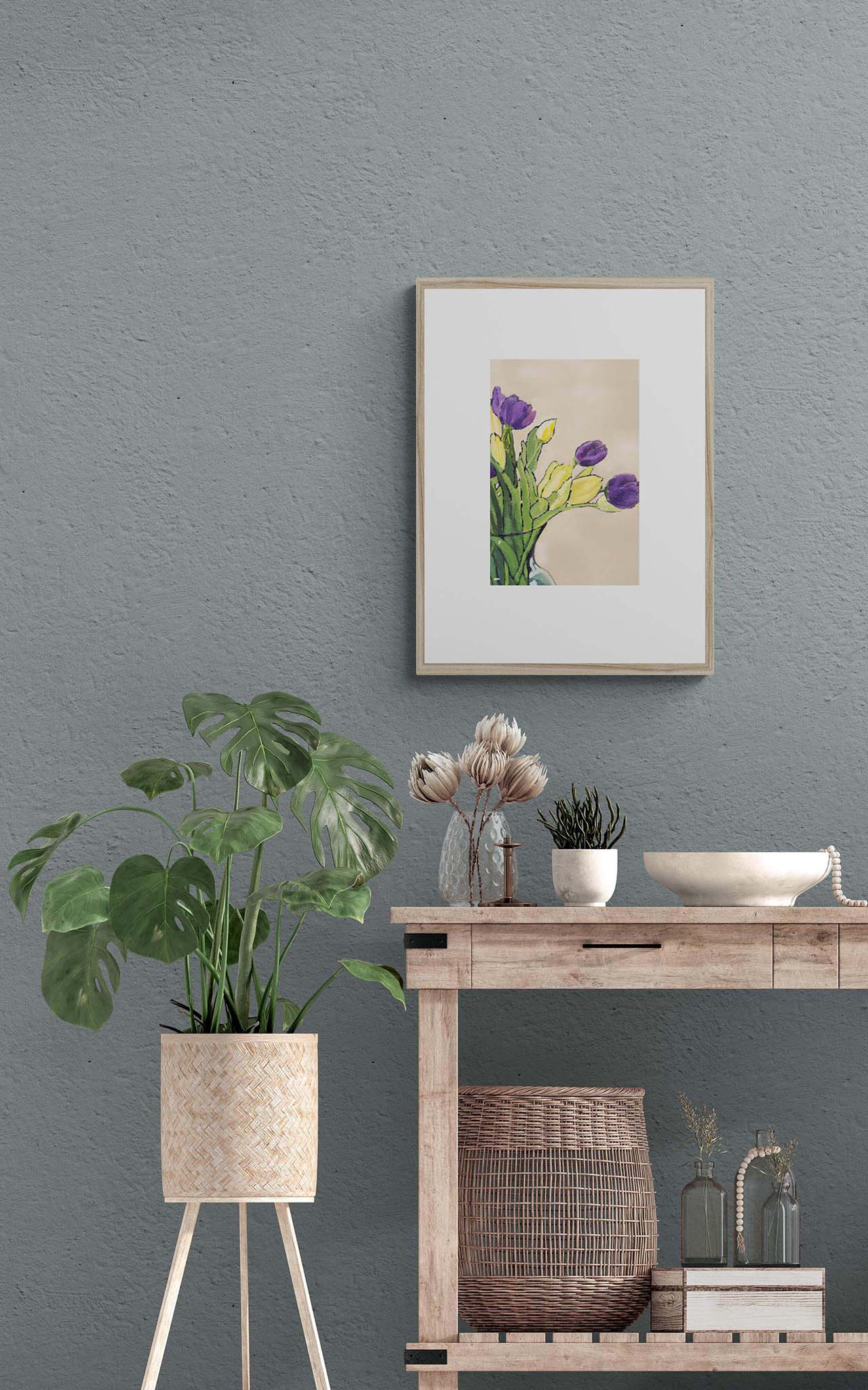 Framed Fine Art Print, Faux Mat - 18x24 inches | Purple & Yellow Tulips in Acrylic, FMV-1060