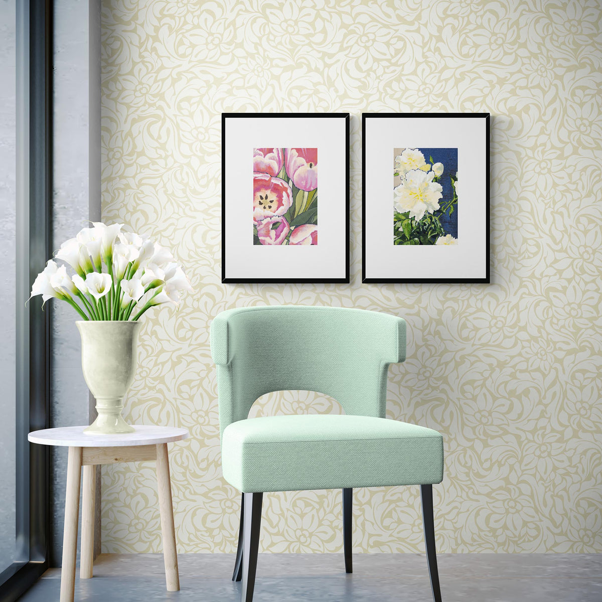 Two Floral Fine Art Prints with Faux Mat Board | Styled in Romantic Vintage Sitting Room with Mint Barrel Chair, Cream Damask Wallpaper and White Calla Lily Bouquet