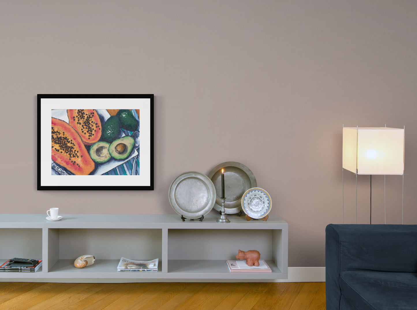 Framed Fine Art Print, White Mat - 14x12 19x16 24x20 29x24 34x28 39x32 inches | Papaya & Avocados in Acrylic, FPH-1000-1105