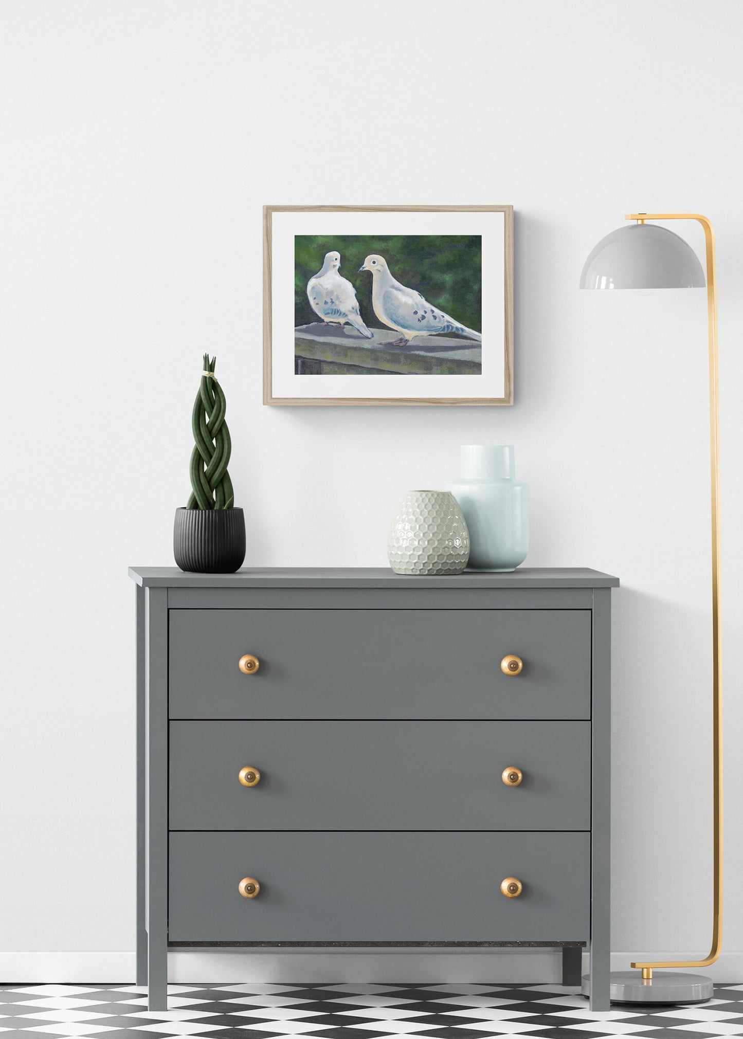 Framed Fine Art Print, White Mat - 14x12 19x16 24x20 29x24 34x28 39x32 inches | Mourning Doves in Acrylic, FPH-1000-1125