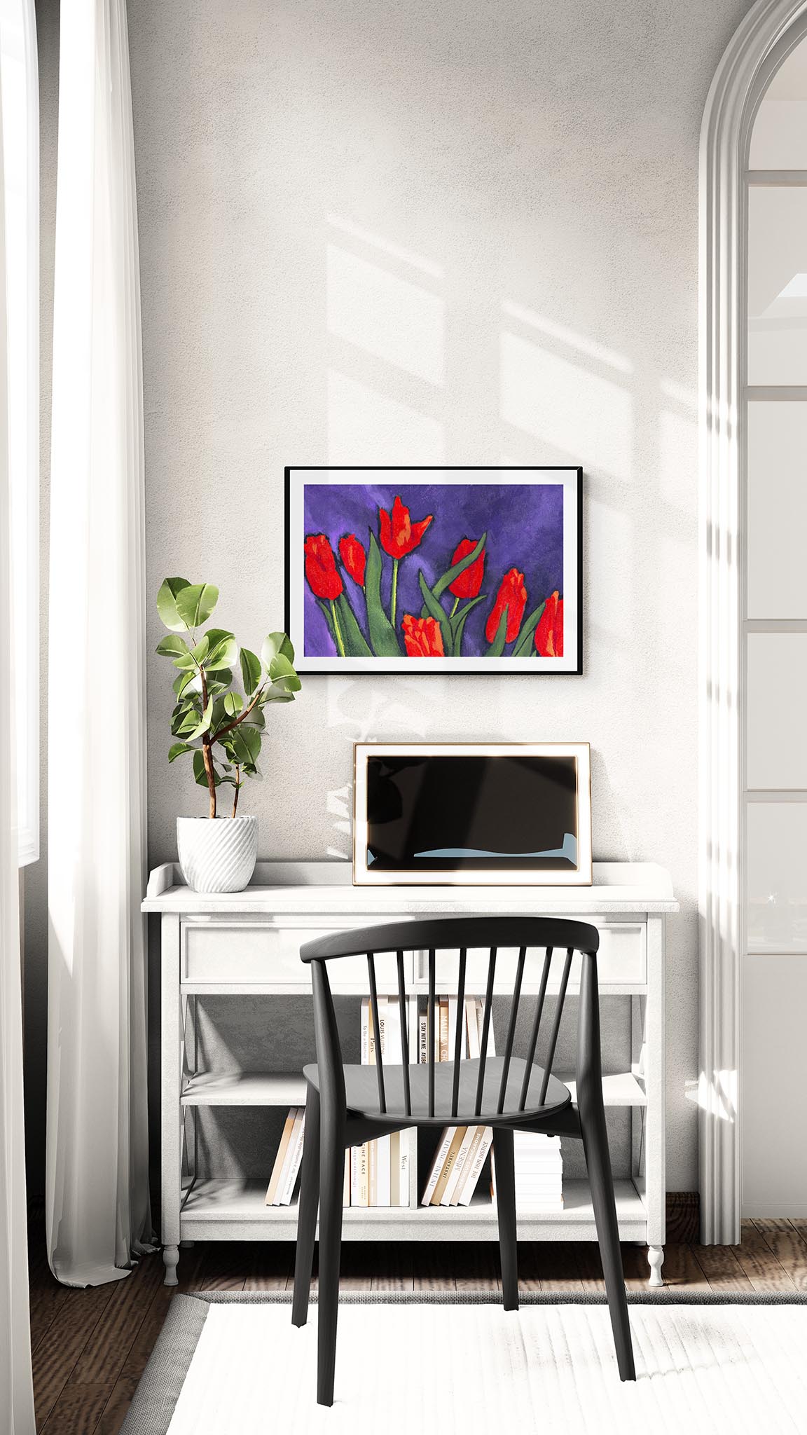 Framed Fine Art Print, White Mat - 24x18 inches | Red Tulips, FPH-1111-001