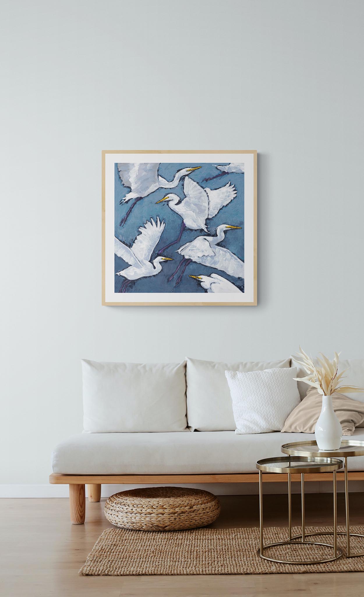 Framed Fine Art Print, White Mat - 12x12 16x16 20x20 24x24 28x28 32x32 36x36 40x40 inches | White Herons in Acrylic, FPS-1020-001