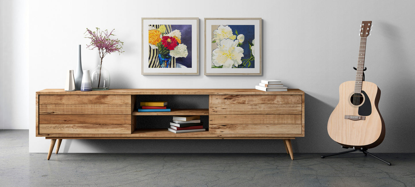 Framed Fine Art Print, White Mat - 12x12 16x16 20x20 24x24 28x28 32x32 36x36 40x40 inches | White Peonies in Acrylic, FPS-1050