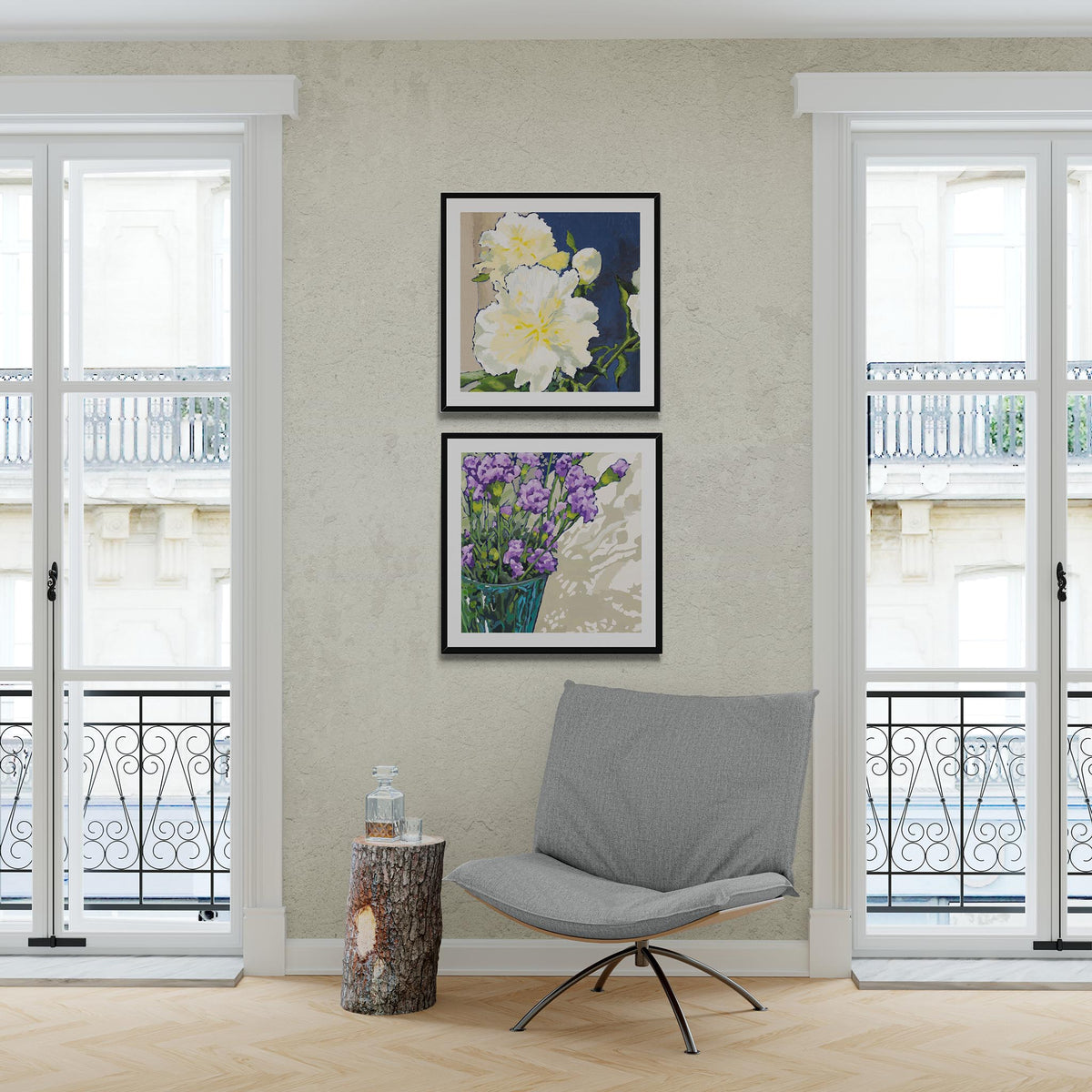 White Peonies & Mauve Carnations Fine Art Prints | Styled in Light-Filled Parisian Salon with French Balcony Windows, Linen Swivel Chair, Live-Edge Tree Stump Side Table and Crystal Decanter