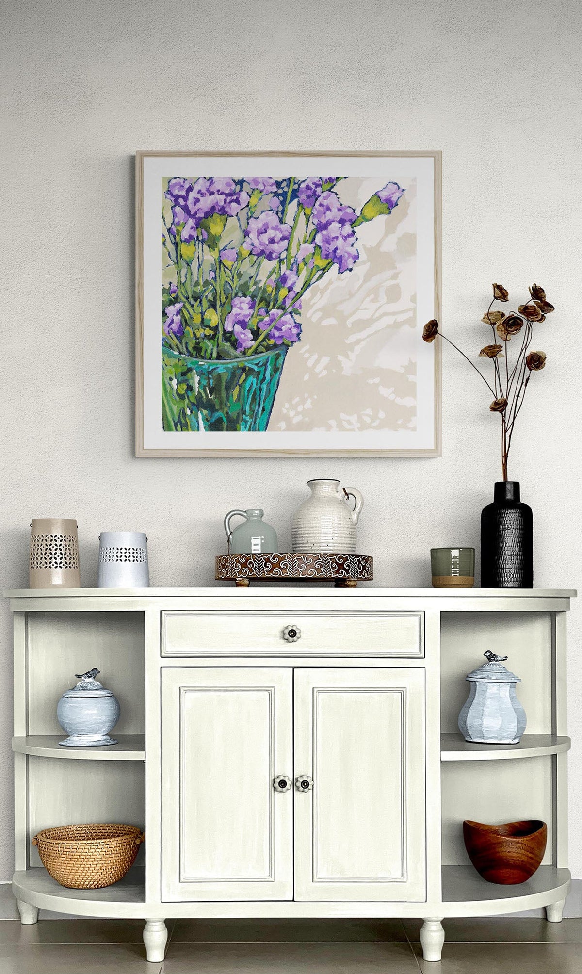 Mauve Carnations Fine Art Print | Styled in Collected French Country Sideboard Vignette with White Painted Console, Artisan Ceramic Pitchers, Ornate Silver Tray and Dried Poppy Pod Stems