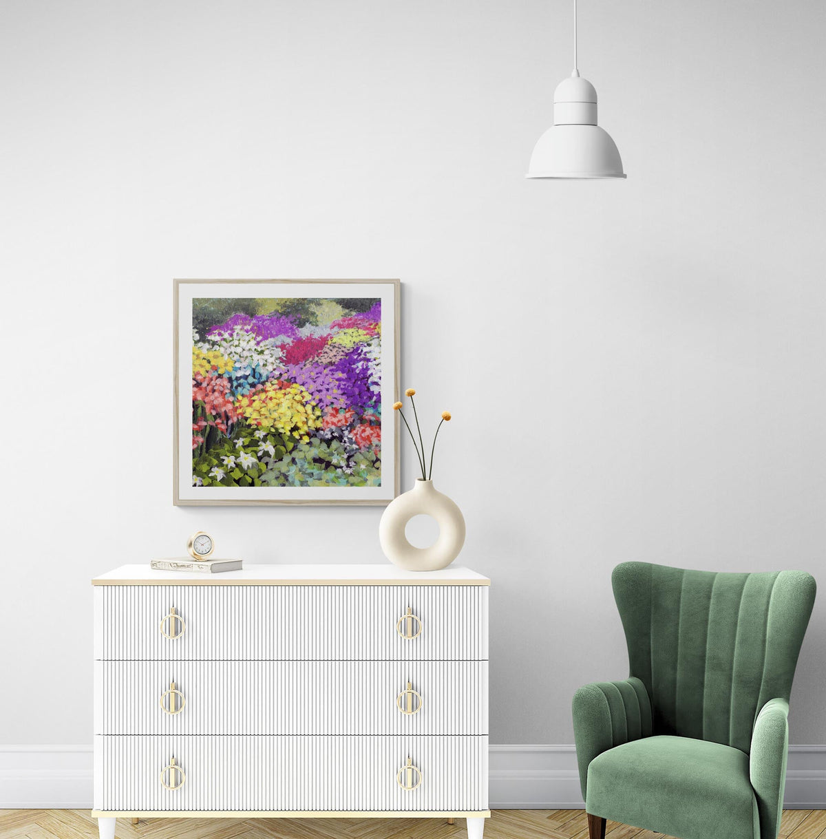 Floral Garden Fine Art Print | Styled in Fresh Minimalist Bedroom Nook with White Reeded Chest of Drawers, Gold Bug Handles, Donut Ceramic Vase and Sage Green Wingback Chair