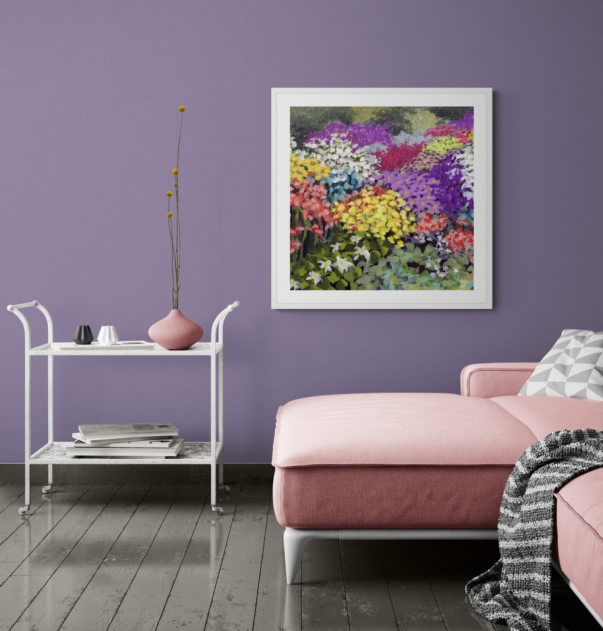 Floral Garden Fine Art Print | Styled in Bold Grape Living Room with Blush Pink Chaise Longue, White Metal Bar Cart, Pink Gourd Vase and Dark Hardwood Floor