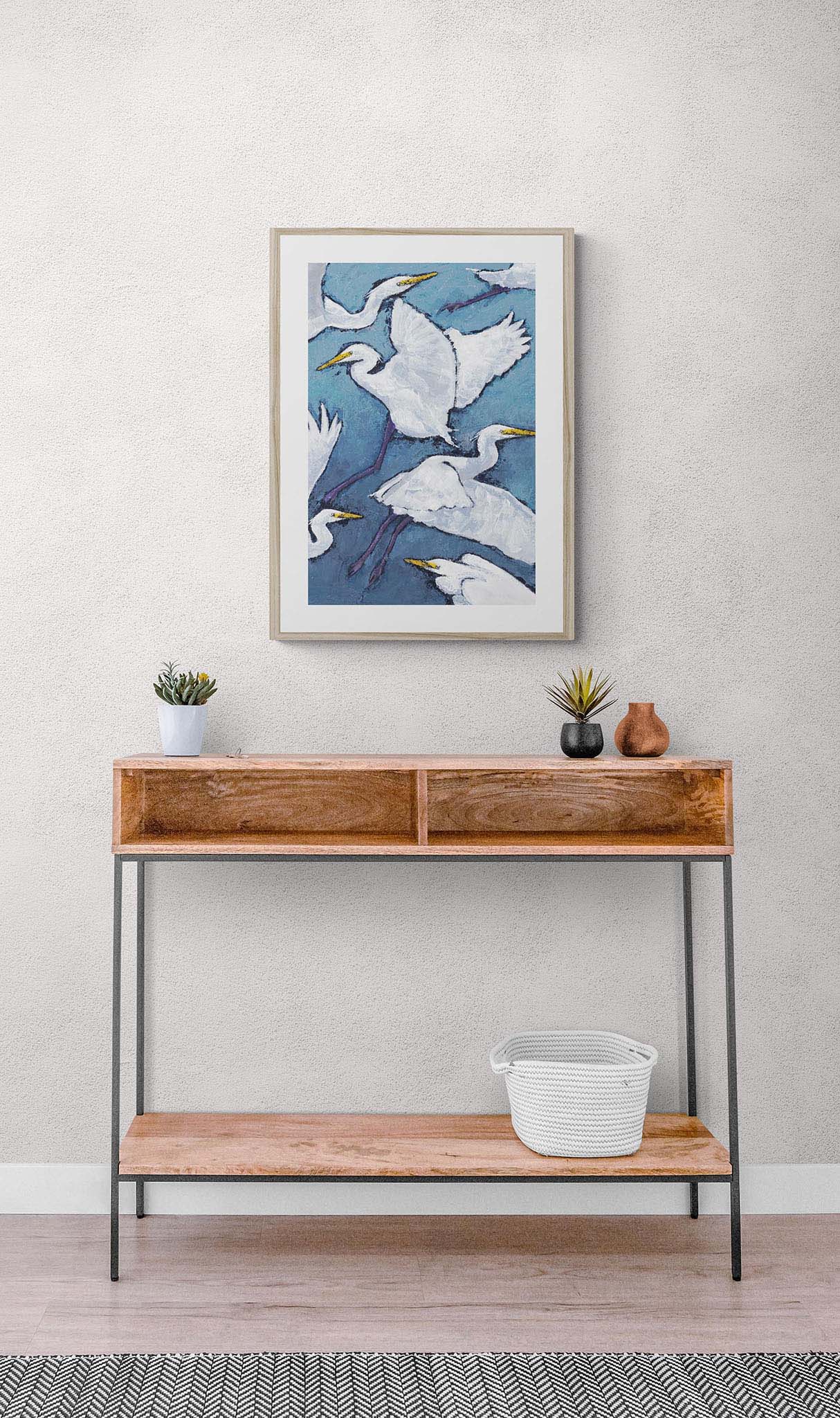 Framed Fine Art Print, White Mat - 13x16 16x20 22x28 28x36 inches | White Herons in Acrylic, FPV-1020