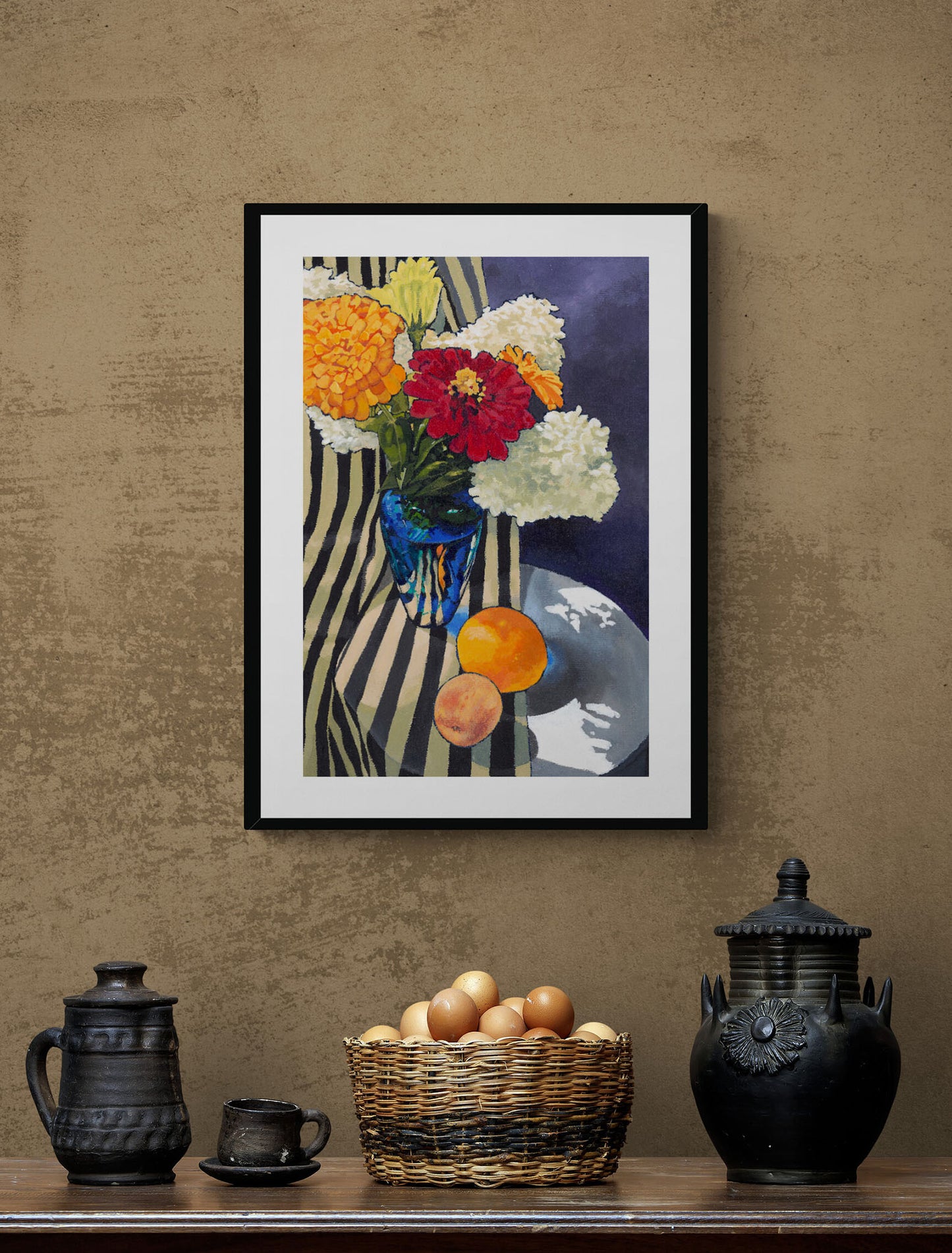Framed Fine Art Print, White Mat - 12x16 16x22 20x28 24x36 28x40 inches | Hydrangeas & Zinnias in Acrylic, FPV-1030-001