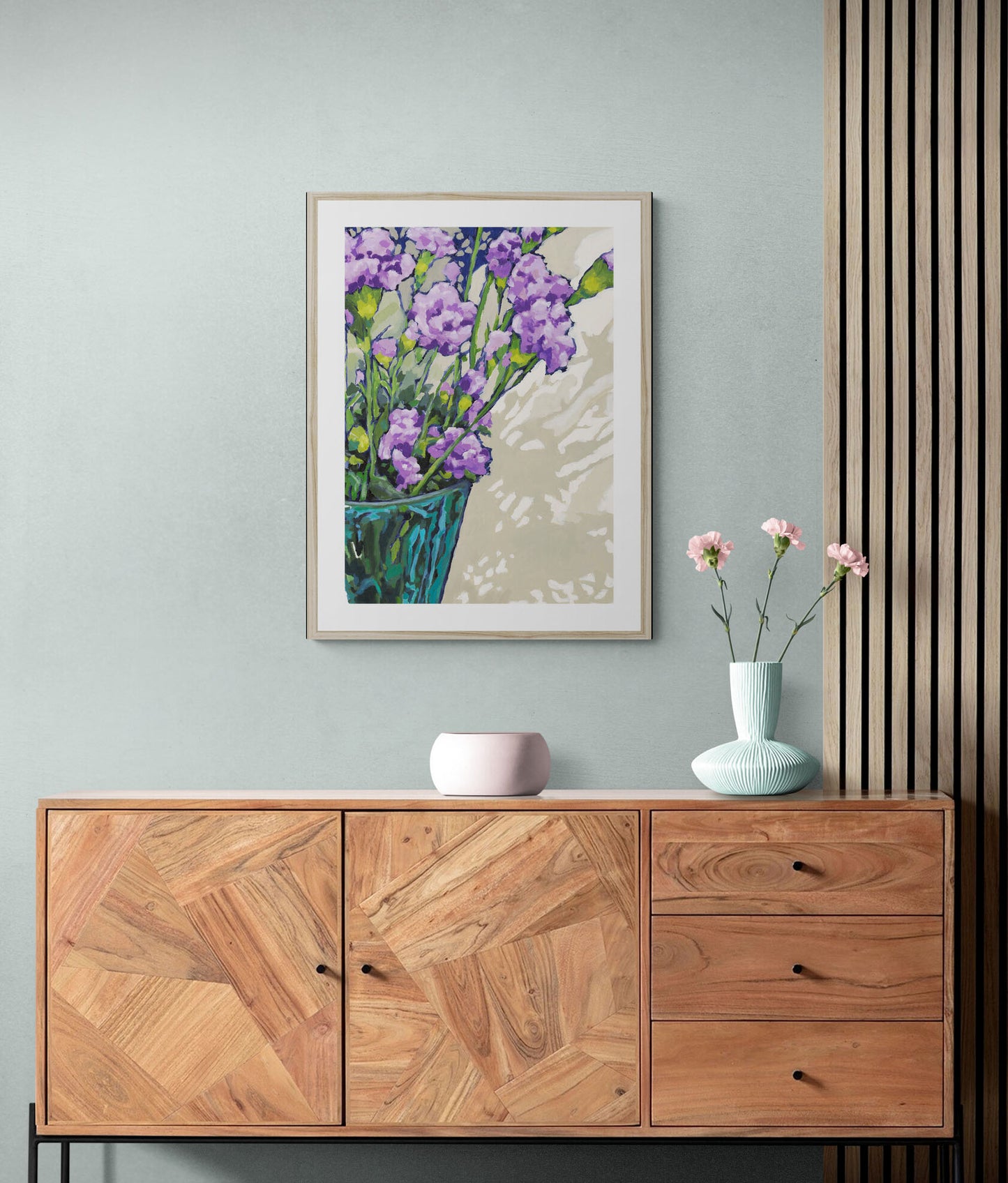 Framed Fine Art Print, White Mat - 12x16 16x22 20x28 24x36 28x40 inches | Mauve Carnations in Acrylic, FPV-1070