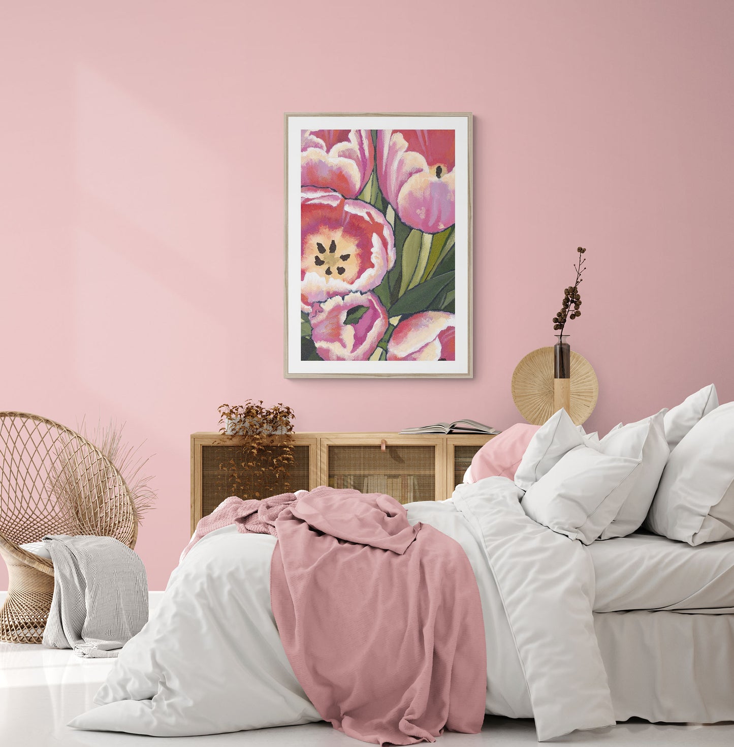 Framed Fine Art Print, White Mat - 12x16 16x22 20x28 24x36 28x40 inches | Pink Tulips in Acrylic, FPV-1080