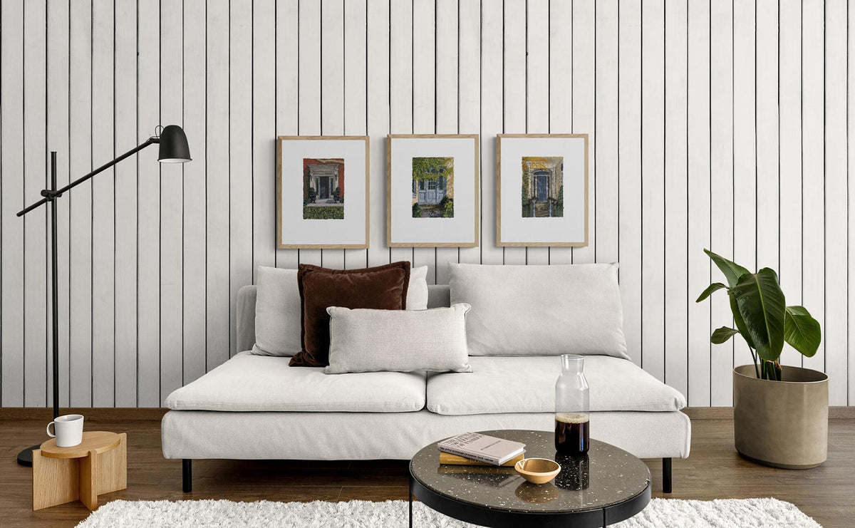 Three Framed Fine Art Prints with Faux Deckled Edge, Grand Entrances Series | Styled in Modern Farmhouse Living Room with Cream Linen Sofa, Shiplap Accent Wall and Terrazzo Coffee Table