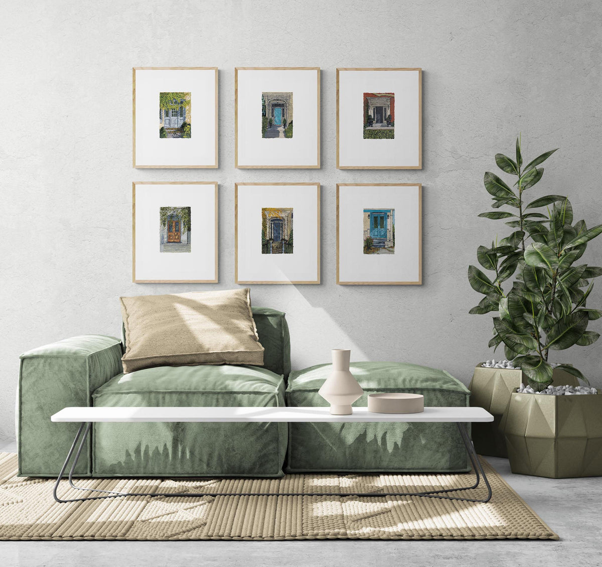 Six Framed Fine Art Prints with Faux Deckled Edge, Grand Entrances Series | Styled in Serene Sage Green Living Room with Forest Green Velvet Modular Sofa, Jute Rug and Rubber Tree