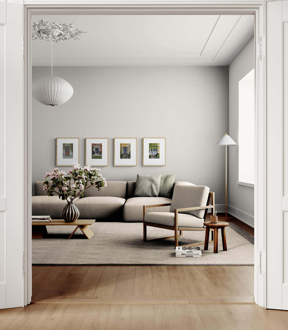 Four Framed Fine Art Prints with Faux Deckled Edge, Grand Entrances Series | Styled in Elegant Parisian Salon with Greige Sectional, Sculptural Pendant Light and Ornate Plaster Ceiling Medallion