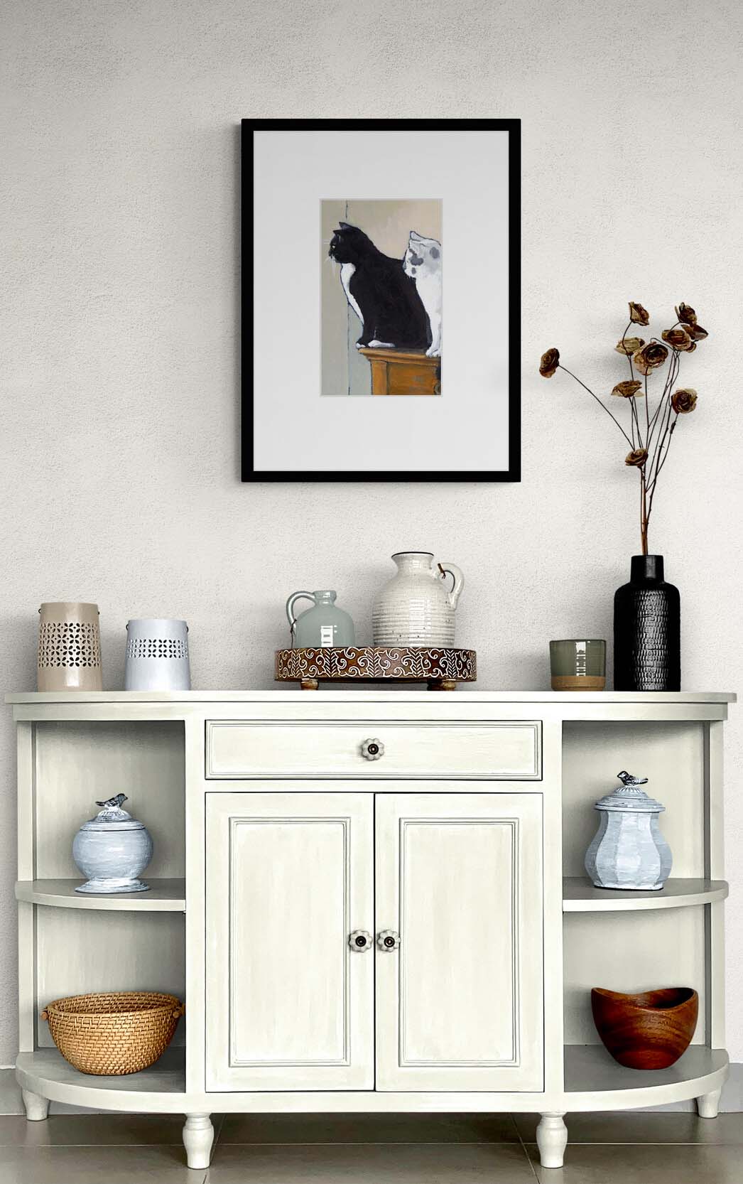 Black Cat White Cat #2122 Framed Fine Art Print - Black & White Cats Design, Vertical Layout with Faux Mat Board